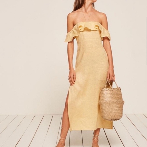 Reformation Madrid Dress 100% Linen Buttercup Yellow Off-Shoulder Ruffle Midi S - Picture 1 of 11
